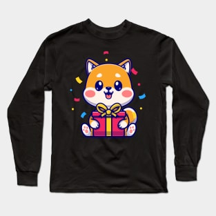 Cute Shiba Inu With Gift Box Cartoon Long Sleeve T-Shirt